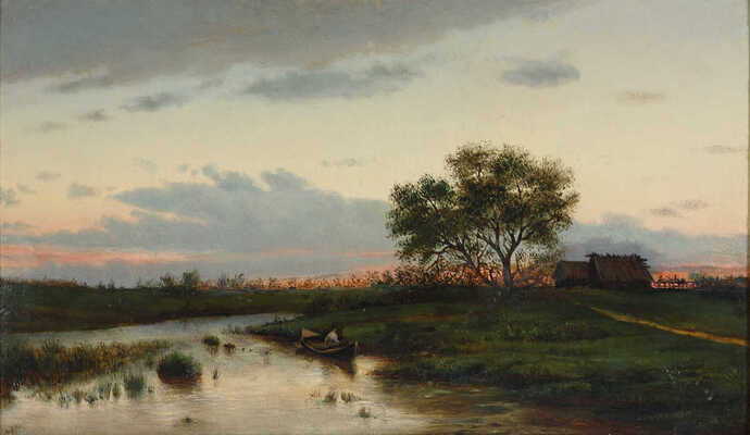 Клодт фон Юргенсбург Михаил Константинович. На закате. Пейзаж с рыбаком